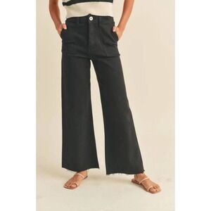 MIOU MUSE Black Cropped Wide Leg Raw Hem‎ Utility Style Pants Women's